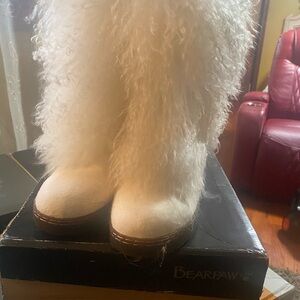 BearPaw Cream and Brown Furry Boots